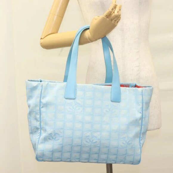 CHANEL New Travel Line Hand Bag Nylon Light Blue CC Auth mr1475 - Picture 1 of 16